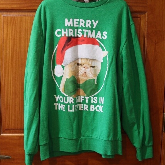 Mad Engine “Gift in the Litter Box” Grumpy Cat Ugly Christmas Sweatshirt XXL - Picture 2 of 13